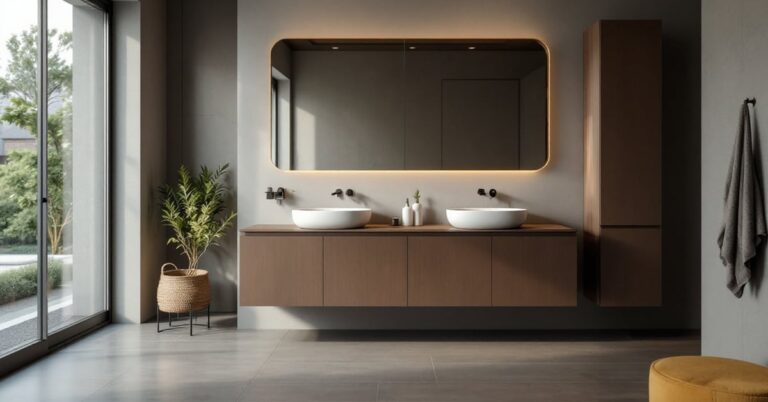 Meubles salle de bain modernes avec vasque et rangements élégants dans une salle de bain lumineuse