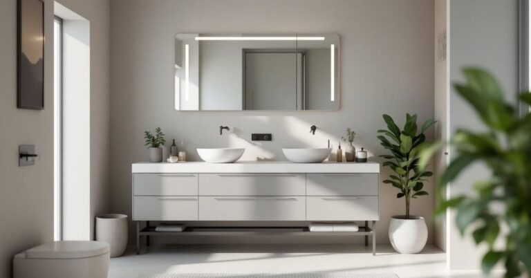 Meubles de salle de bain IKEA modernes avec vasque et rangements blancs dans une salle de bain épurée