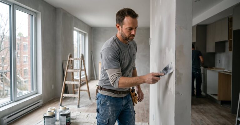 Artisan en entreprise de rénovation intérieure travaillant dans un appartement moderne en chantier