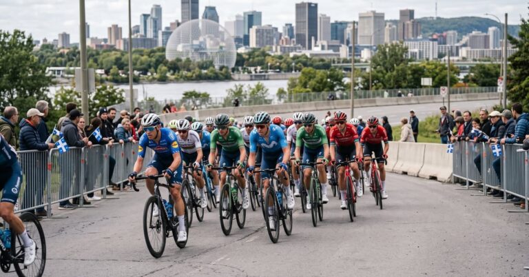 Grand Prix de Montréal cyclisme : peloton de coureurs en plein effort sur le circuit canadien