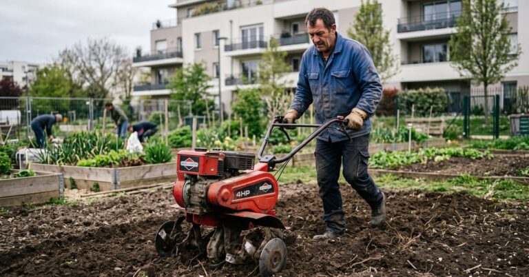Motoculteur équipé d'un moteur Briggs & Stratton en action dans un jardin
