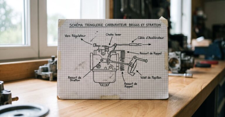 Schéma tringlerie carburateur Briggs & Stratton avec mécanisme de réglage visible