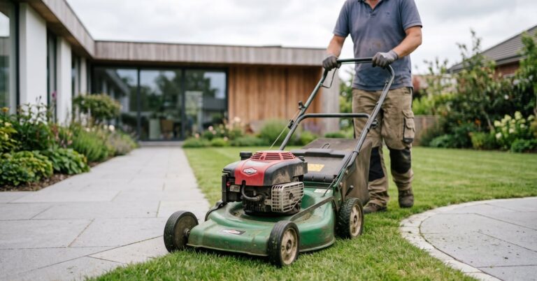 Tondeuse à gazon équipée d'un moteur Briggs & Stratton sur pelouse verte