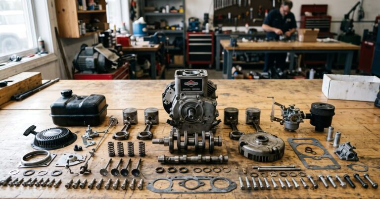 Vue éclatée moteur Briggs & Stratton avec pièces détachées disposées et identifiées sur fond neutre